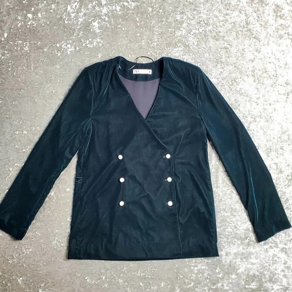 Zara Emerald Green Velvet Pearl Button Blazer - Picture 1 of 10